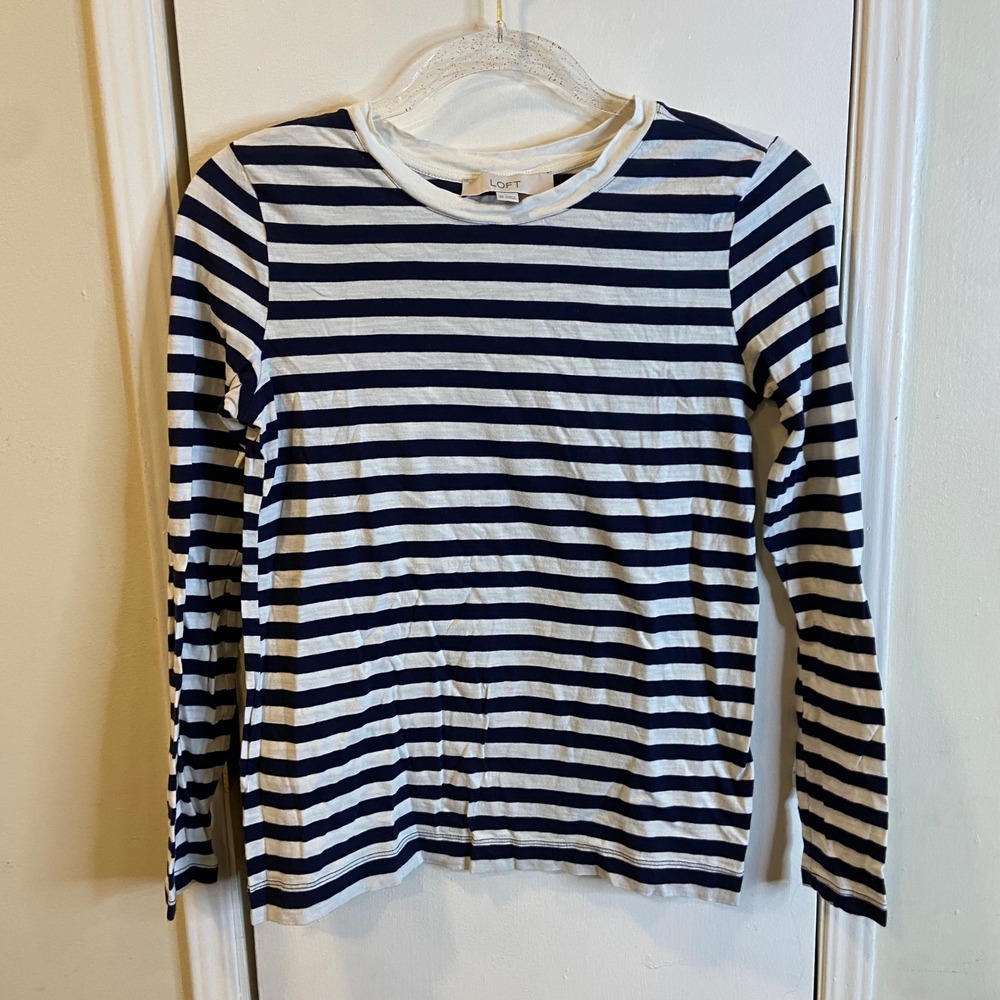Loft Womens Navy Blue White Striped Long Sleeve Cotton Crew Neck Tee XS Coastal